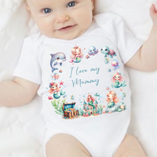 Load image into Gallery viewer, Personalised Baby Sleepsuit Baby Vest, I Love My Mummy Daddy Auntie, Mermaid Design, Baby Shower Gift, Custom Mermaid Baby Outfit