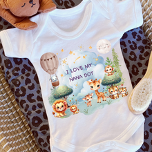 Load image into Gallery viewer, Personalised Baby Sleepsuit Baby Vest, I Love My Mummy Daddy Auntie, Safari Animal Design, Baby Shower Gift, Custom Safari Baby Outfit, Elephants Tigers Lions