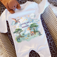 Load image into Gallery viewer, Personalised Baby Sleepsuit Baby Vest, I Love My Mummy Daddy Auntie, Dinosaur Design, Baby Shower Gift,