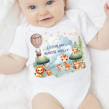 Load image into Gallery viewer, Personalised Baby Sleepsuit Baby Vest, I Love My Mummy Daddy Auntie, Safari Animal Design, Baby Shower Gift, Custom Safari Baby Outfit, Elephants Tigers Lions
