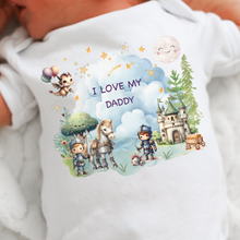 Load image into Gallery viewer, Personalised Baby Sleepsuit Baby Vest, I Love My Mummy Daddy Auntie, Knights and Dragons Design, Baby Shower Gift, Custom Fairytale Baby Outfit