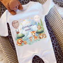 Load image into Gallery viewer, Personalised Baby Sleepsuit Baby Vest, I Love My Mummy Daddy Auntie, Safari Animal Design, Baby Shower Gift, Custom Safari Baby Outfit, Elephants Tigers Lions