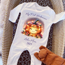 Load image into Gallery viewer, Personalised First Halloween Baby Vest My first Halloween Babygrow Pumpkin Baby's First Halloween Trick or Treat 1st Halloween Personalised Romper (Copy)