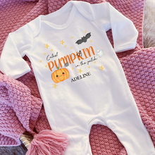 Load image into Gallery viewer, Personalised First Halloween Baby Vest My first Halloween Babygrow Pumpkin Baby's First Halloween Trick or Treat 1st Halloween Personalised Romper