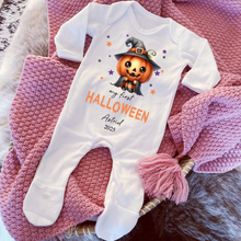 Load image into Gallery viewer, Personalised First Halloween Baby Vest My first Halloween Babygrow Pumpkin Baby's First Halloween Trick or Treat 1st Halloween Personalised Romper