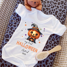 Load image into Gallery viewer, Personalised First Halloween Baby Vest My first Halloween Babygrow Pumpkin Baby's First Halloween Trick or Treat 1st Halloween Personalised Romper