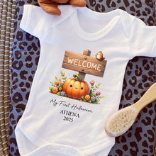 Load image into Gallery viewer, Personalised First Halloween Baby Vest My first Halloween Babygrow Pumpkin Baby's First Halloween Trick or Treat 1st Halloween Personalised Romper
