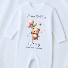 Load image into Gallery viewer, Happy Birthday Grandma  Babygrow, 1st Birthday as My Nanny, Nana Gift, Nanna Birthday, Nan Birthday, Sleepsuit Vest Bodysuit Grandma Birthday