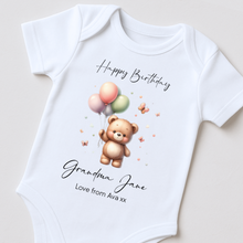 Load image into Gallery viewer, Happy Birthday Grandma  Babygrow, 1st Birthday as My Nanny, Nana Gift, Nanna Birthday, Nan Birthday, Sleepsuit Vest Bodysuit Grandma Birthday