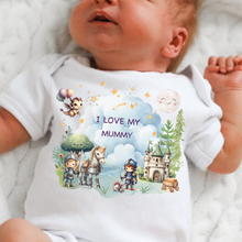 Load image into Gallery viewer, Personalised Baby Sleepsuit Baby Vest, I Love My Mummy Daddy Auntie, Knights and Dragons Design, Baby Shower Gift, Custom Fairytale Baby Outfit