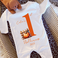 Load image into Gallery viewer, Personalised First Halloween Baby Vest My first Halloween Babygrow Pumpkin Baby's First Halloween Trick or Treat 1st Halloween Personalised Romper
