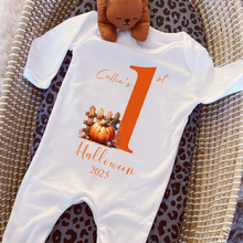 Load image into Gallery viewer, Personalised First Halloween Baby Vest My first Halloween Babygrow Pumpkin Baby's First Halloween Trick or Treat 1st Halloween Personalised Romper