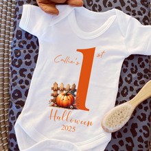 Load image into Gallery viewer, Personalised First Halloween Baby Vest My first Halloween Babygrow Pumpkin Baby's First Halloween Trick or Treat 1st Halloween Personalised Romper