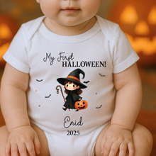 Load image into Gallery viewer, Personalised First Halloween Baby Vest My first Halloween Babygrow Pumpkin Baby's First Halloween Trick or Treat 1st Halloween Personalised Romper