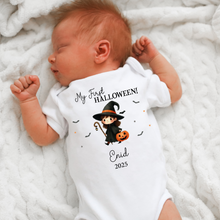 Load image into Gallery viewer, Personalised First Halloween Baby Vest My first Halloween Babygrow Pumpkin Baby's First Halloween Trick or Treat 1st Halloween Personalised Romper