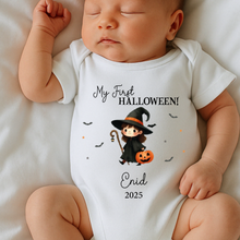 Load image into Gallery viewer, Personalised First Halloween Baby Vest My first Halloween Babygrow Pumpkin Baby's First Halloween Trick or Treat 1st Halloween Personalised Romper