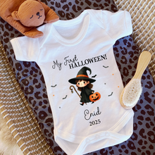 Load image into Gallery viewer, Personalised First Halloween Baby Vest My first Halloween Babygrow Pumpkin Baby's First Halloween Trick or Treat 1st Halloween Personalised Romper