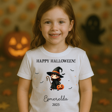 Load image into Gallery viewer, Personalised Halloween T-Shirt, Pumpkin Patch Tee, Custom Trick or Treat Tee, Spooky Tee, Too Cute to Spook, Boo Bag Gift, Girls Halloween Tee