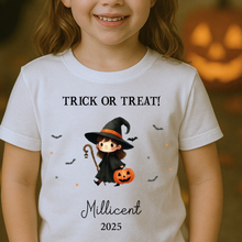 Load image into Gallery viewer, Personalised Halloween T-Shirt, Pumpkin Patch Tee, Custom Trick or Treat Tee, Spooky Tee, Too Cute to Spook, Boo Bag Gift, Girls Halloween Tee