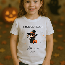Load image into Gallery viewer, Personalised Halloween T-Shirt, Pumpkin Patch Tee, Custom Trick or Treat Tee, Spooky Tee, Too Cute to Spook, Boo Bag Gift, Girls Halloween Tee
