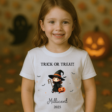 Load image into Gallery viewer, Personalised Halloween T-Shirt, Pumpkin Patch Tee, Custom Trick or Treat Tee, Spooky Tee, Too Cute to Spook, Boo Bag Gift, Girls Halloween Tee