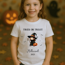 Load image into Gallery viewer, Personalised Halloween T-Shirt, Pumpkin Patch Tee, Custom Trick or Treat Tee, Spooky Tee, Too Cute to Spook, Boo Bag Gift, Girls Halloween Tee