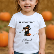 Load image into Gallery viewer, Personalised Halloween T-Shirt, Pumpkin Patch Tee, Custom Trick or Treat Tee, Spooky Tee, Too Cute to Spook, Boo Bag Gift, Girls Halloween Tee