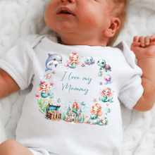 Load image into Gallery viewer, Personalised Baby Sleepsuit Baby Vest, I Love My Mummy Daddy Auntie, Mermaid Design, Baby Shower Gift, Custom Mermaid Baby Outfit