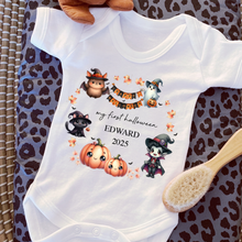 Load image into Gallery viewer, Personalised First Halloween Baby Vest My first Halloween Babygrow Pumpkin Baby's First Halloween Trick or Treat 1st Halloween Personalised Romper