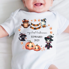 Load image into Gallery viewer, Personalised First Halloween Baby Vest My first Halloween Babygrow Pumpkin Baby's First Halloween Trick or Treat 1st Halloween Personalised Romper