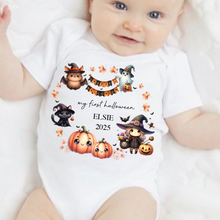 Load image into Gallery viewer, Personalised First Halloween Baby Vest My first Halloween Babygrow Pumpkin Baby's First Halloween Trick or Treat 1st Halloween Personalised Romper