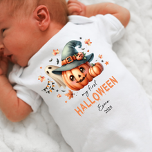 Load image into Gallery viewer, Personalised First Halloween Baby Vest My first Halloween Babygrow Pumpkin Baby's First Halloween Trick or Treat 1st Halloween Personalised Romper
