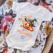 Load image into Gallery viewer, Personalised First Halloween Baby Vest My first Halloween Babygrow Pumpkin Baby's First Halloween Trick or Treat 1st Halloween Personalised Romper