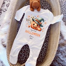 Load image into Gallery viewer, Personalised First Halloween Baby Vest My first Halloween Babygrow Pumpkin Baby's First Halloween Trick or Treat 1st Halloween Personalised Romper