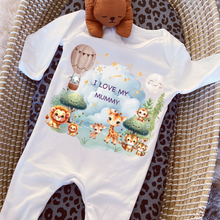 Load image into Gallery viewer, Personalised Baby Sleepsuit Baby Vest, I Love My Mummy Daddy Auntie, Safari Animal Design, Baby Shower Gift, Custom Safari Baby Outfit, Elephants Tigers Lions
