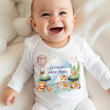 Load image into Gallery viewer, Personalised Baby Sleepsuit Baby Vest, I Love My Mummy Daddy Auntie, Safari Animal Design, Baby Shower Gift, Custom Safari Baby Outfit, Elephants Tigers Lions