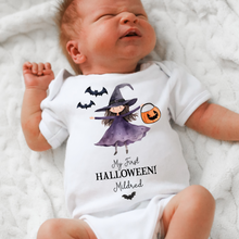 Load image into Gallery viewer, Personalised First Halloween Baby Vest My first Halloween Babygrow Pumpkin Baby's First Halloween Trick or Treat 1st Halloween Personalised Romper