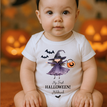 Load image into Gallery viewer, Personalised First Halloween Baby Vest My first Halloween Babygrow Pumpkin Baby's First Halloween Trick or Treat 1st Halloween Personalised Romper
