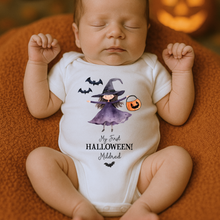 Load image into Gallery viewer, Personalised First Halloween Baby Vest My first Halloween Babygrow Pumpkin Baby's First Halloween Trick or Treat 1st Halloween Personalised Romper
