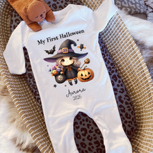 Load image into Gallery viewer, Personalised First Halloween Baby Vest My first Halloween Babygrow Pumpkin Baby's First Halloween Trick or Treat 1st Halloween Personalised Romper