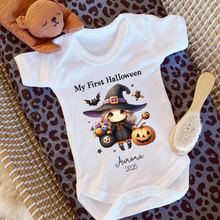 Load image into Gallery viewer, Personalised First Halloween Baby Vest My first Halloween Babygrow Pumpkin Baby's First Halloween Trick or Treat 1st Halloween Personalised Romper