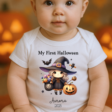 Load image into Gallery viewer, Personalised First Halloween Baby Vest My first Halloween Babygrow Pumpkin Baby's First Halloween Trick or Treat 1st Halloween Personalised Romper