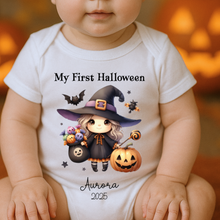 Load image into Gallery viewer, Personalised First Halloween Baby Vest My first Halloween Babygrow Pumpkin Baby's First Halloween Trick or Treat 1st Halloween Personalised Romper