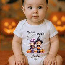 Load image into Gallery viewer, Personalised First Halloween Baby Vest My first Halloween Babygrow Pumpkin Baby's First Halloween Trick or Treat 1st Halloween Personalised Romper (Copy)