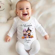 Load image into Gallery viewer, Personalised First Halloween Baby Vest My first Halloween Babygrow Pumpkin Baby's First Halloween Trick or Treat 1st Halloween Personalised Romper (Copy)