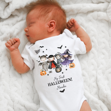 Load image into Gallery viewer, Personalised First Halloween Baby Vest My first Halloween Babygrow Pumpkin Baby's First Halloween Trick or Treat 1st Halloween Personalised Romper