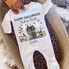Load image into Gallery viewer, Personalised First Halloween Baby Vest My first Halloween Babygrow Pumpkin Baby's First Halloween Trick or Treat 1st Halloween Personalised Romper
