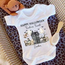Load image into Gallery viewer, Personalised First Halloween Baby Vest My first Halloween Babygrow Pumpkin Baby's First Halloween Trick or Treat 1st Halloween Personalised Romper