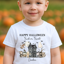 Load image into Gallery viewer, Personalised Halloween T-Shirt, Pumpkin Patch Tee, Custom Trick or Treat Tee, Spooky Tee, Too Cute to Spook, Boo Bag Gift, Girls Halloween Tee