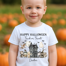 Load image into Gallery viewer, Personalised Halloween T-Shirt, Pumpkin Patch Tee, Custom Trick or Treat Tee, Spooky Tee, Too Cute to Spook, Boo Bag Gift, Girls Halloween Tee